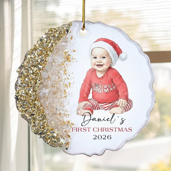 Personalized Resin Ornament, Seated Baby Watercolor Portrait, First Christmas Keepsake, Unique Gift for New Parents