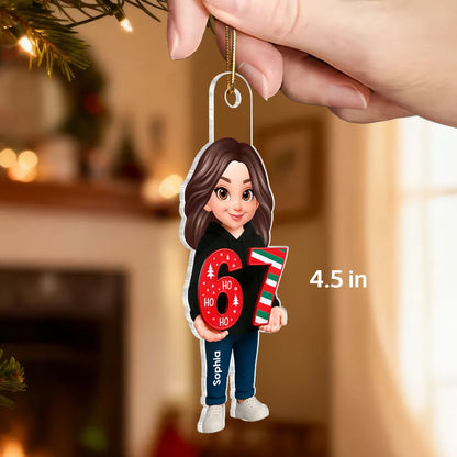 Personalized Acrylic Ornament with Cute Cartoon Teen Holding 67 Numbers – Trending Slang Christmas Ornament, Fun Gift for Kids and Grandkids