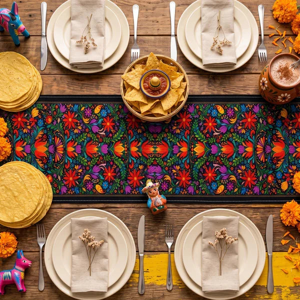 Personalized Table Runner, Vibrant Mexican Folk Floral Tablescape, Unique Housewarming Gift for Family