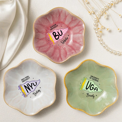 Custom School Pennant Wavy Ceramic Jewelry Dish, Personalized Pink Gingham Unique Gift for College Students