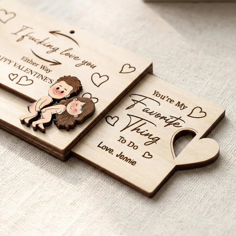 Personalized Wooden Sliding Ornament Funny Couple Cartoon Valentine's Gift for Him or Her - I fucking love you