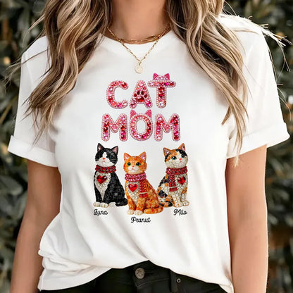 Personalized Cat Mom Classic Tee With Shiny Mosaic Cats, Cute Everyday Wear, Unique Gift for Cat Lovers