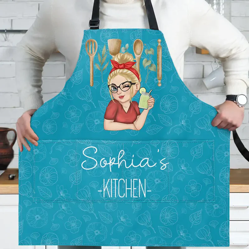 Personalized Apron with Cute Cartoon Chef Girl and Kitchen Tools, Unique Cooking Gift for Mom or Grandma