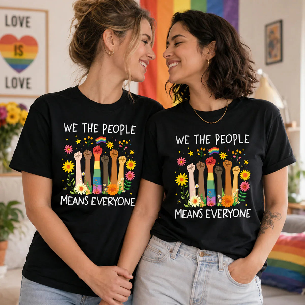 Classic Tee, Rainbow Flag & Floral Raised Fists LGBTQ Pride Design, Unique Gift For Ally