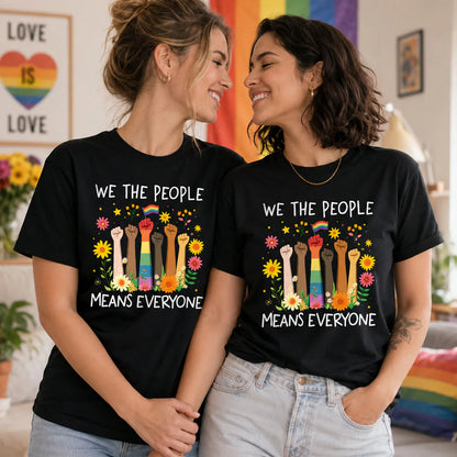 Classic Tee, Rainbow Flag & Floral Raised Fists LGBTQ Pride Design, Unique Gift For Ally