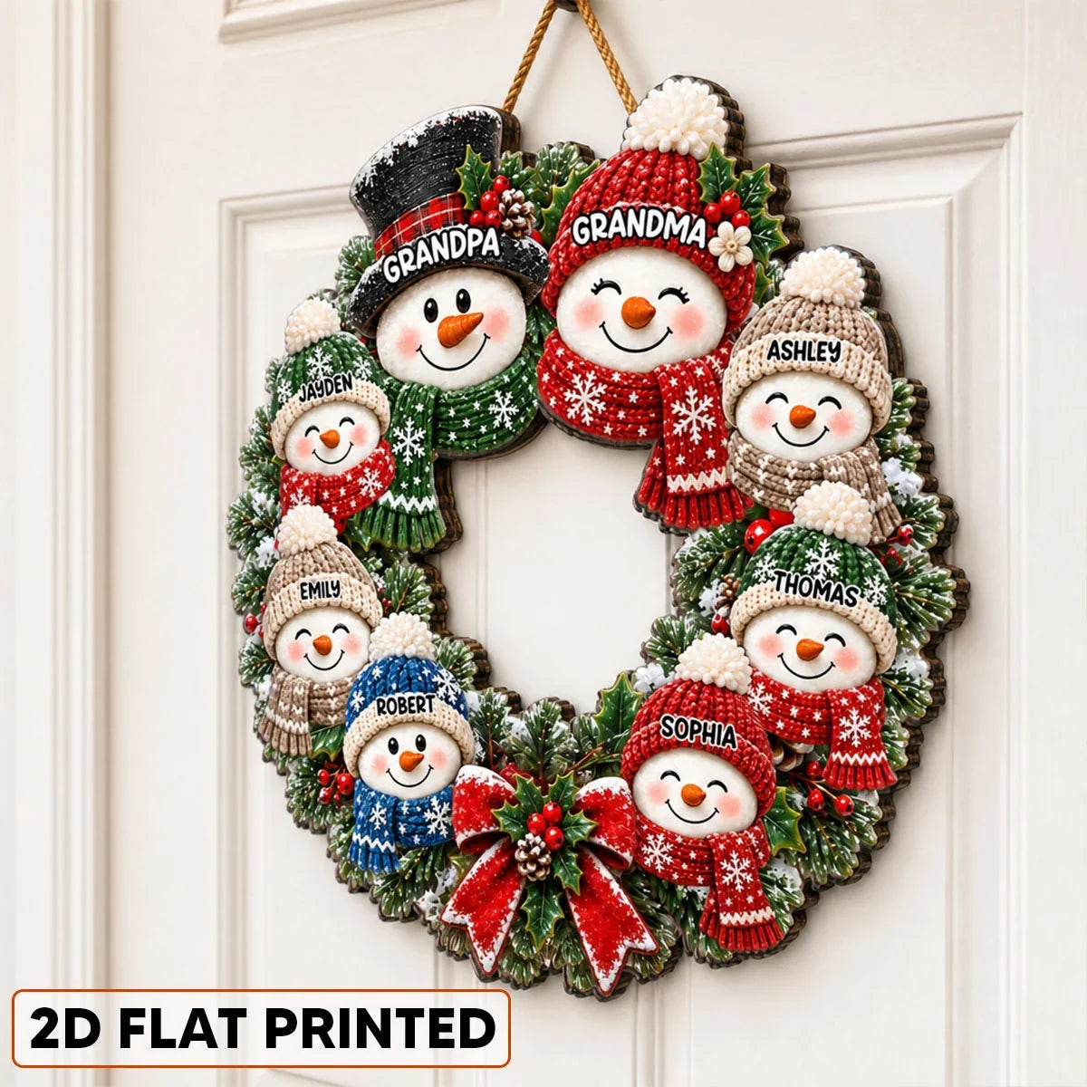Personalized Wooden Sign with Cute Snowman Family Wreath, Unique Christmas Door Gift for Grandparents