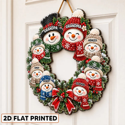 Personalized Wooden Sign with Cute Snowman Family Wreath, Unique Christmas Door Gift for Grandparents