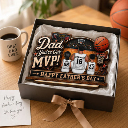 Dad You're Our MVP 2-Layer Wooden Plaque, Custom Basketball Court Keepsake, Creative Gift for Dad