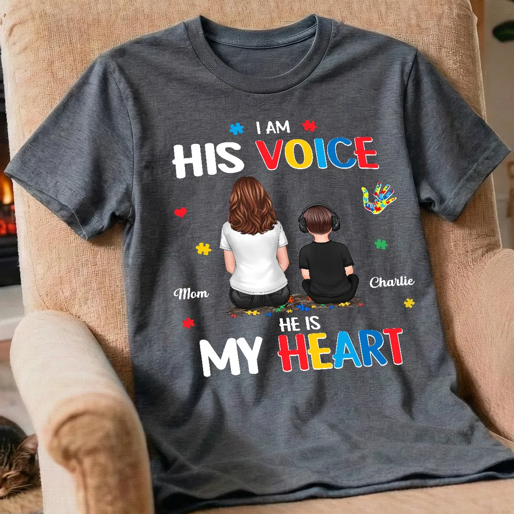 Personalized Classic Tee I Am His Voice He Is My Heart Autism Puzzle Mom and Son Back View Unique Gift