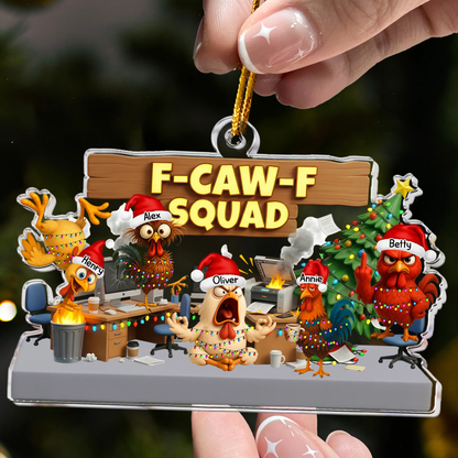 Custom F-Caw-F Squad Acrylic Ornament with Hilarious Office Chickens Christmas Tree Scene Unique Secret Santa Gift for Work Friends