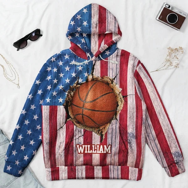 Personalized Youth Printed Flannel Hoodie, Vintage American Flag Baseball Design, Unique Gift for Young Players