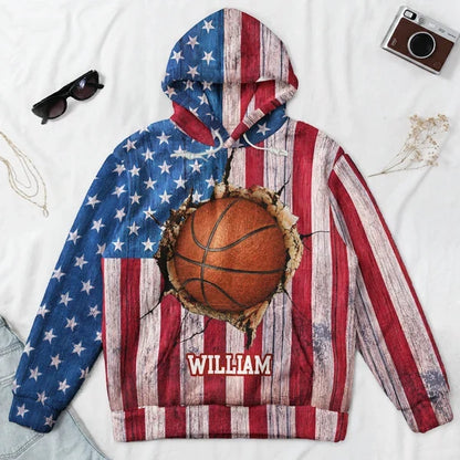 Personalized Youth Printed Flannel Hoodie, Vintage American Flag Baseball Design, Unique Gift for Young Players