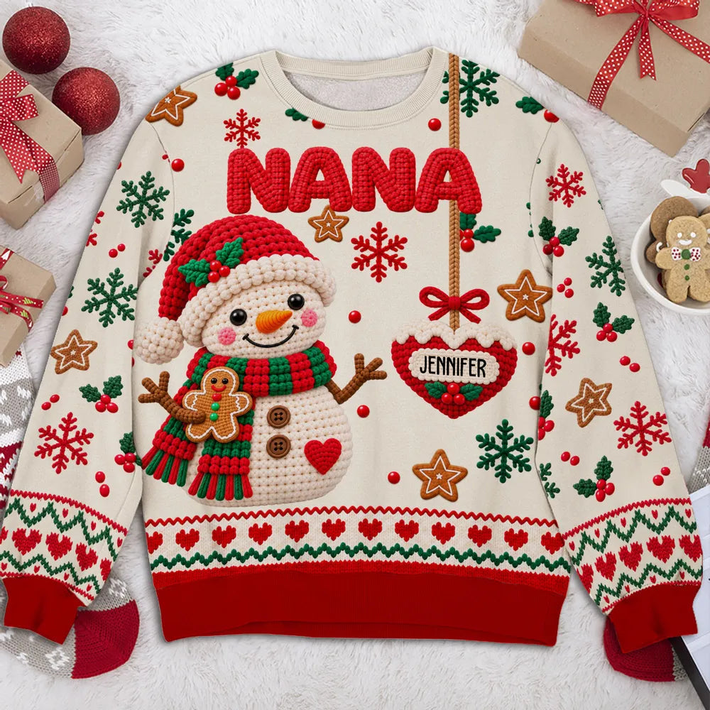 Personalized Printed Sweatshirt, Crochet-Style Snowman Holding Gingerbread, Unique Christmas Gift for Grandma