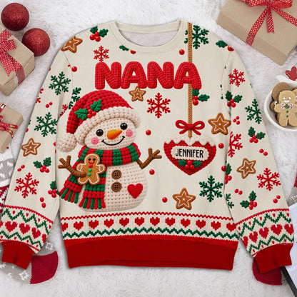 Personalized Printed Sweatshirt, Crochet-Style Snowman Holding Gingerbread, Unique Christmas Gift for Grandma