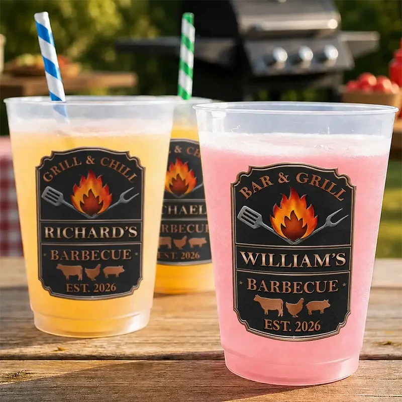 Personalized Frosted Plastic Cup, Vintage Grill & Chill Art for Backyard Barbecues, Unique Gift for Grill Lovers