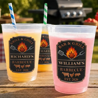 Personalized Frosted Plastic Cup, Vintage Grill & Chill Art for Backyard Barbecues, Unique Gift for Grill Lovers