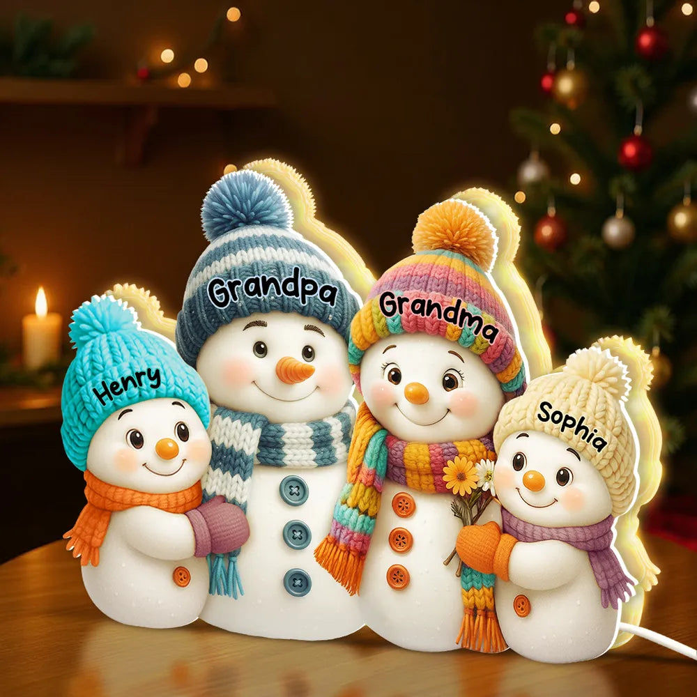 Snowman Family Acrylic Light Box with knitted hats, cozy holiday scene for grandparents, warm winter décor, a heartfelt Christmas gift
