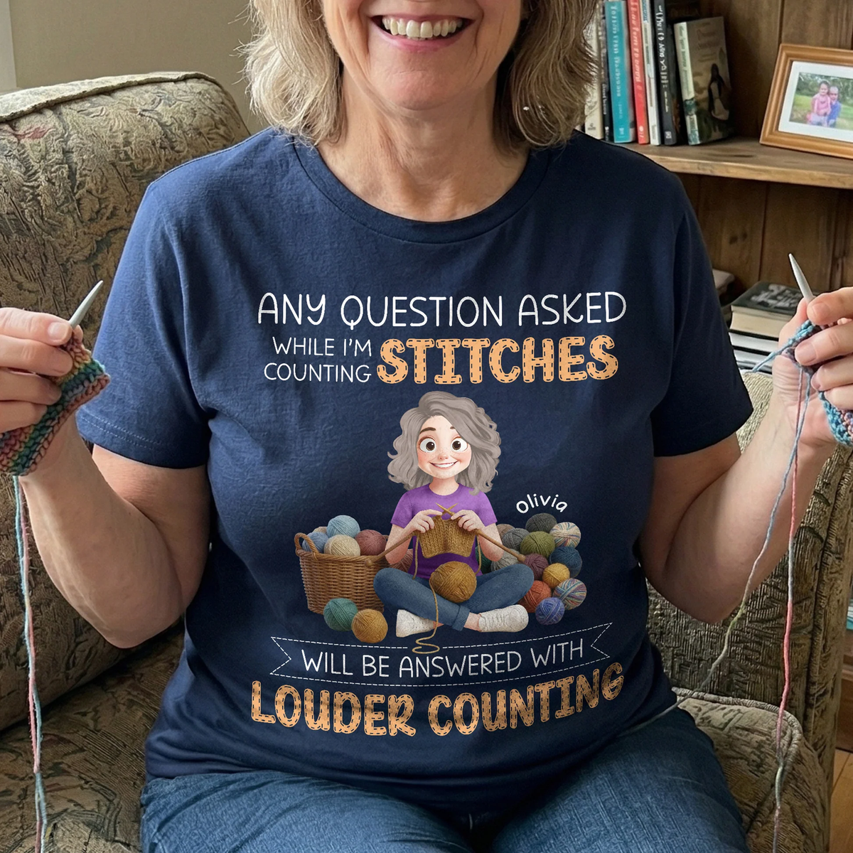 Classic Tee for Knitters, Funny Counting Stitches Quote with Cozy Yarn Girl Illustration, Personalized Gift