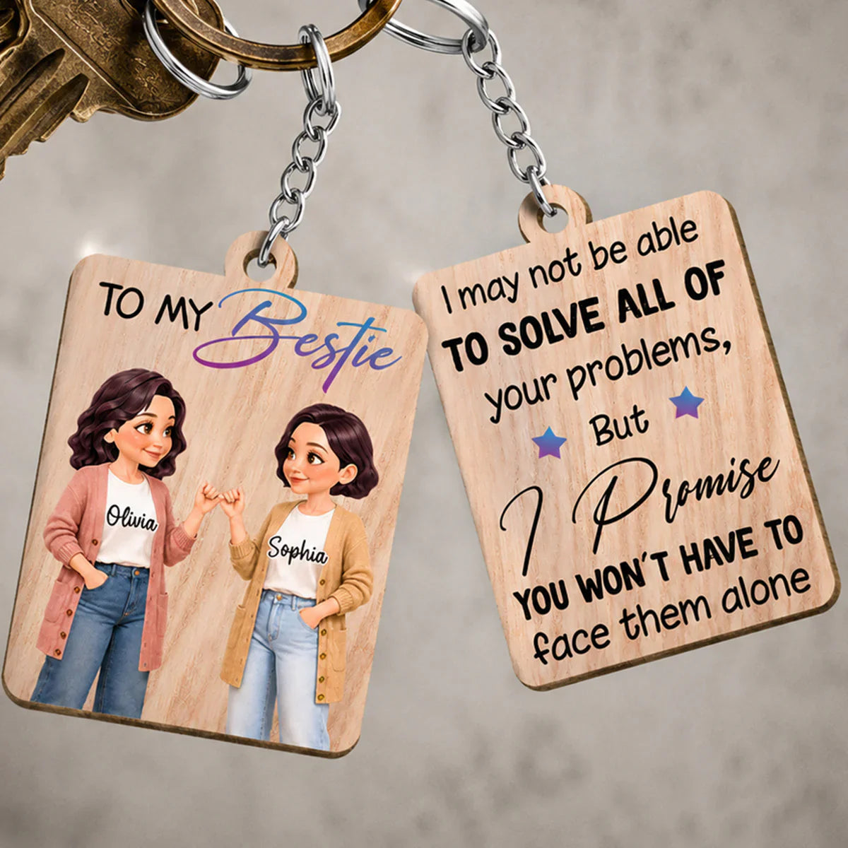 Personalized Wooden Keychain, Pinky Promise Bestie Illustration, Unique Creative Gift for Best Friend