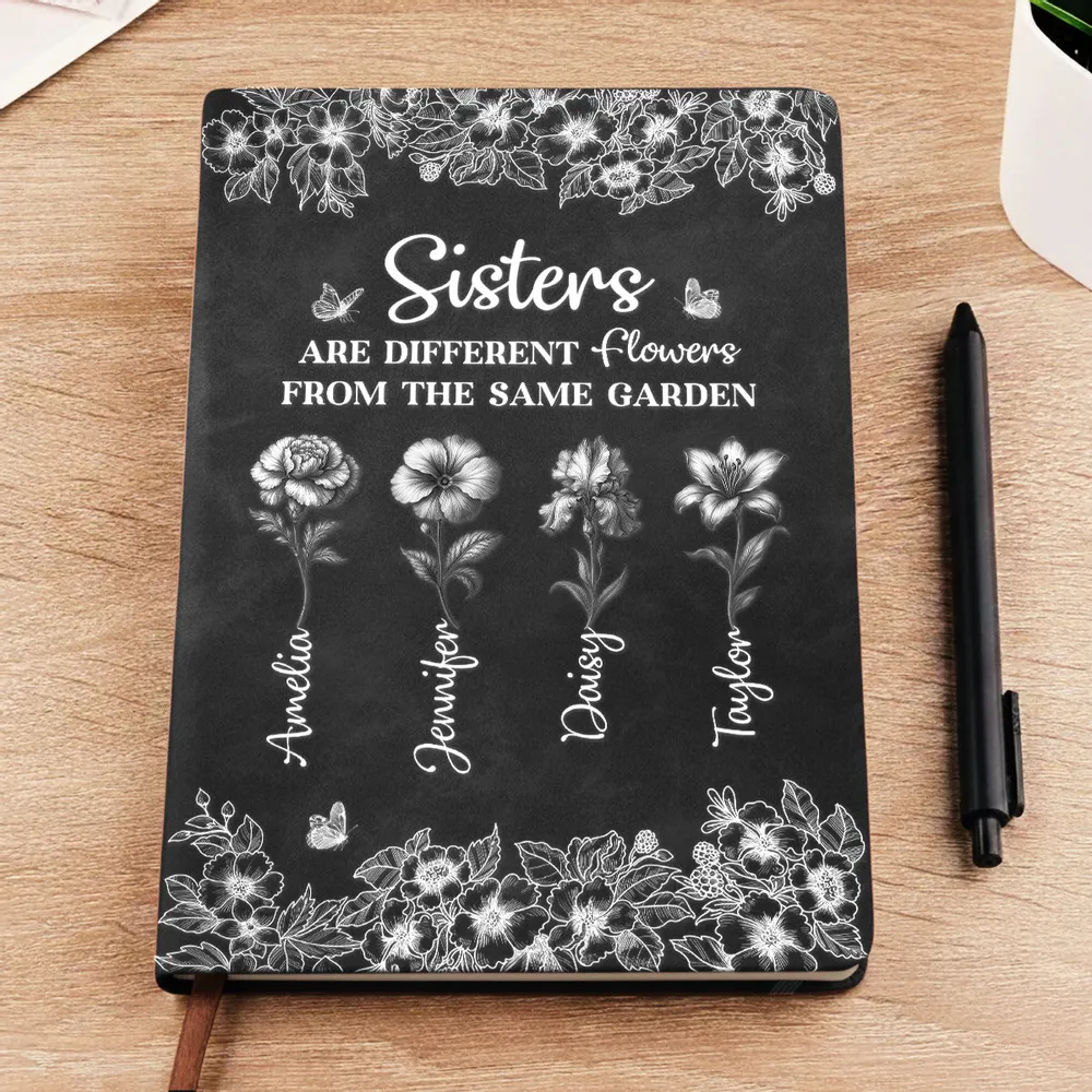 Personalized Sisters Leather Journal, Dusty Rose Flowers, Same Garden Quote, Unique Gift for Sister