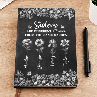 Personalized Sisters Leather Journal, Dusty Rose Flowers, Same Garden Quote, Unique Gift for Sister