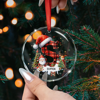 Acrylic Ornament - Personalized Plaid Initial with Santa & Snowflakes for Christmas Tree, Festive Sparkle, Unique Gift for Kids & Family