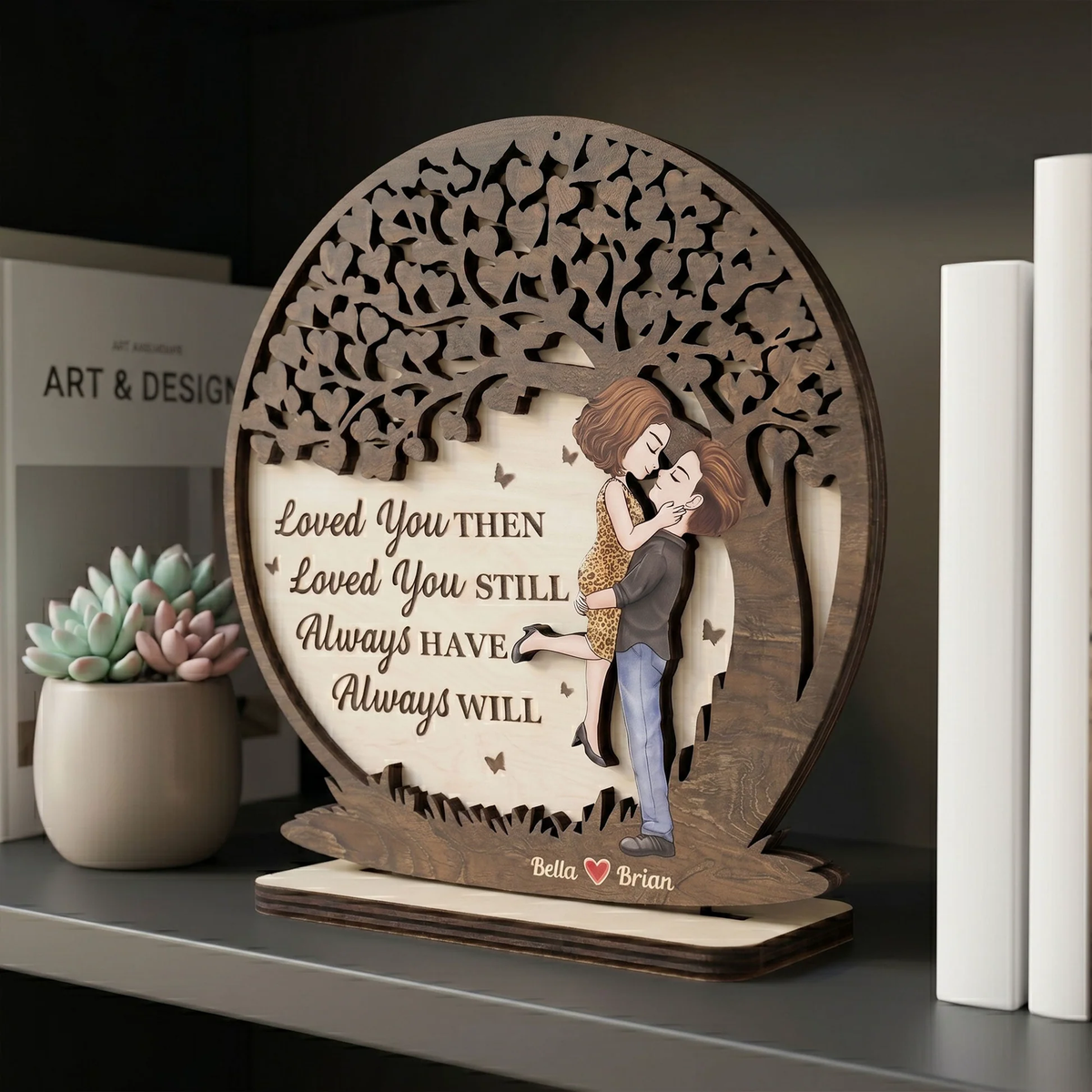 Personalized 2-Layer Wooden Plaque, Hugging Couple Heart Tree, Unique Anniversary Gift For Her