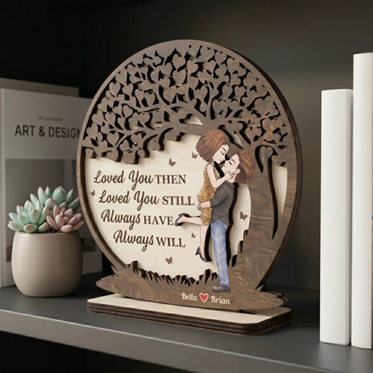 Personalized 2-Layer Wooden Plaque, Hugging Couple Heart Tree, Unique Anniversary Gift For Her