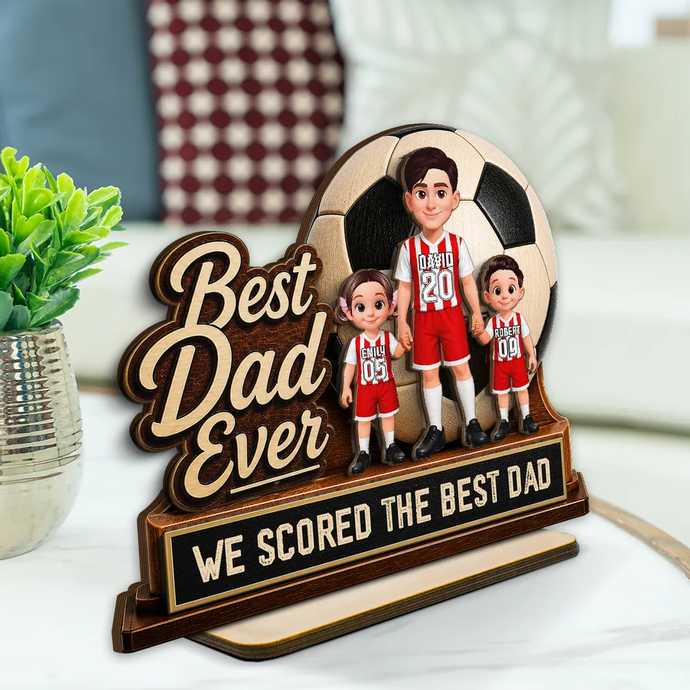 Best Dad Ever 2-Layer Wooden Plaque with Soccer Ball & Kids, Creative Gift for Dad