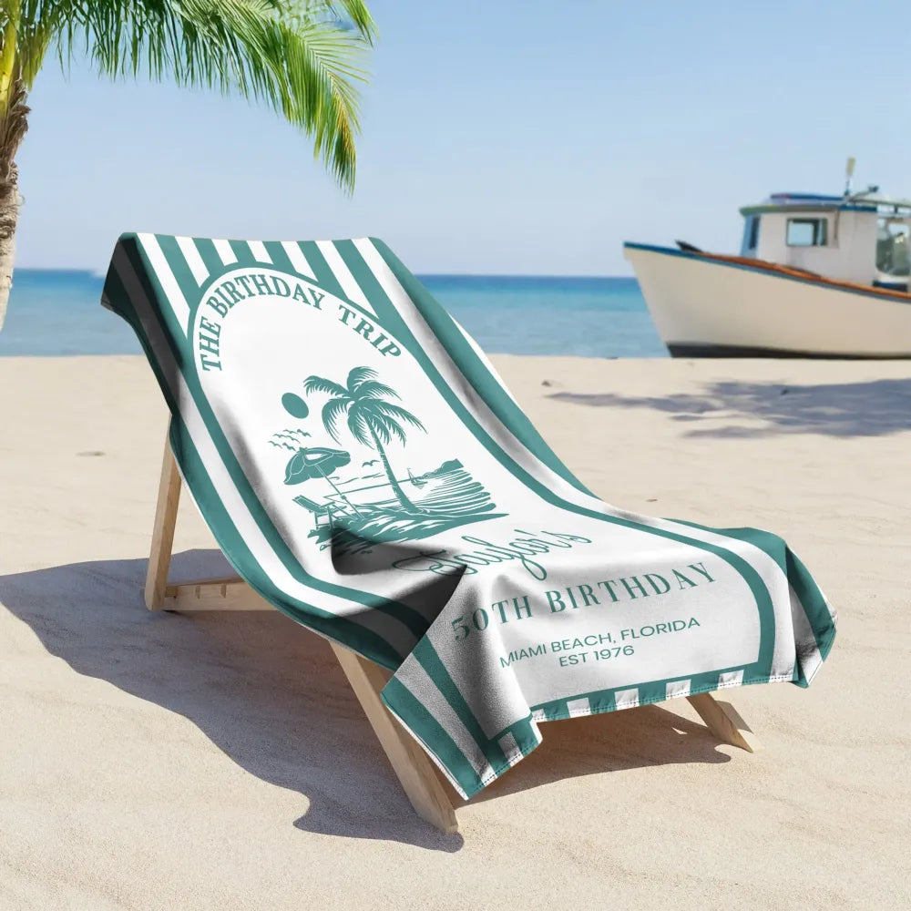 Custom Beach Towel with Pink Tropical Palms, Vacation Vibe for Beach Trip or Cruise, Thoughtful Birthday Gift