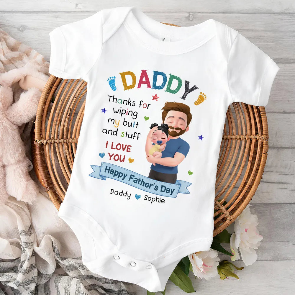 Personalized Short Sleeve Baby Onesie, Hugging Dad & Baby Cartoon, Unique Creative Father's Day Gift for Dad