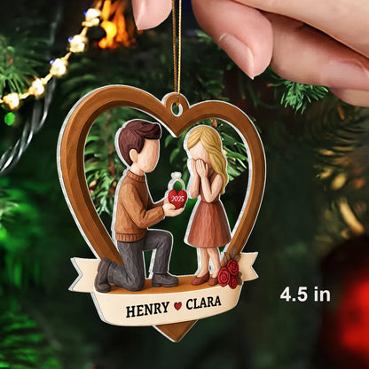 Personalized Couple Proposal Acrylic Ornament, Kneeling Engagement Moment in Heart Frame, Unique Romantic Gift