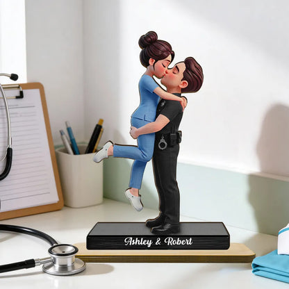 2-Layer Wooden Plaque Personalized Hero Couple Kiss - A Heartwarming Custom Gift for Couples, Police Firefighter Nurse Love