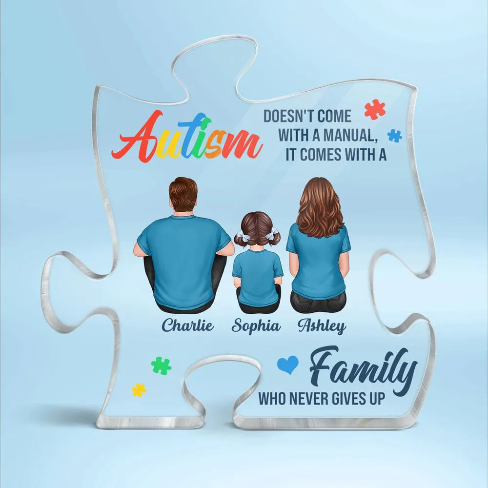 Never Give Up Autism Puzzle Acrylic Block Plaque Warm Family Back View Keepsake Home Decor Unique Creative Gift For Parents
