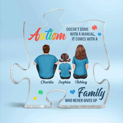 Never Give Up Autism Puzzle Acrylic Block Plaque Warm Family Back View Keepsake Home Decor Unique Creative Gift For Parents