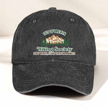 Personalized Washed Denim Baseball Cap, Out Of Breath Hiking Club Sloth, Unique Gift for Hikers