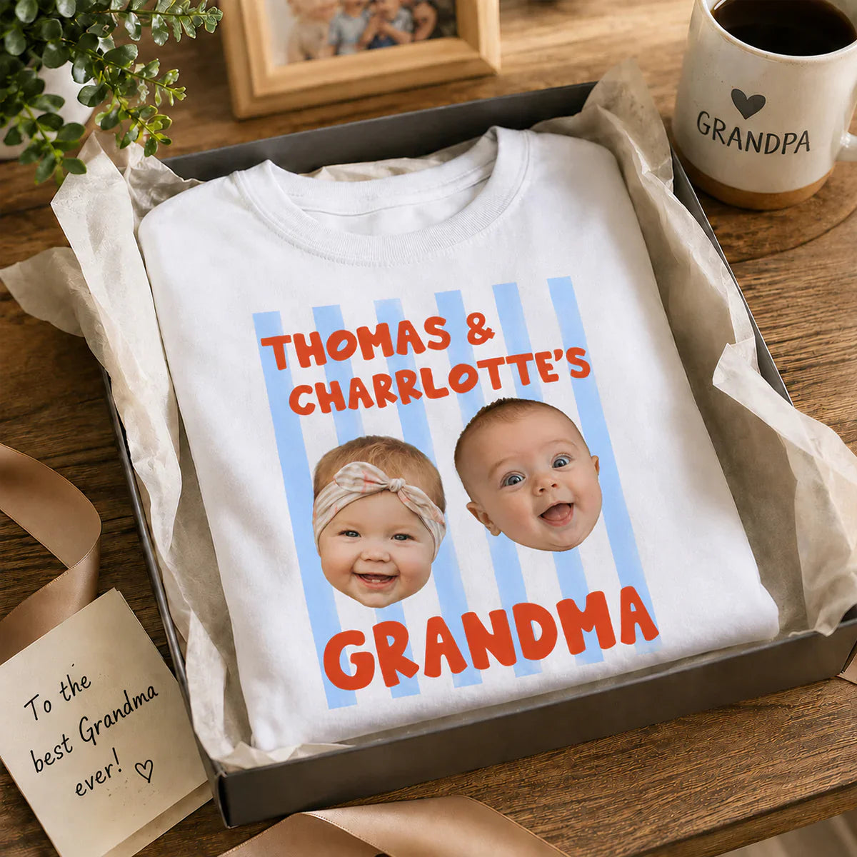 Personalized Classic Tee with Baby Photo Faces, Custom Grandma Shirt, Unique Gift for Family Memories
