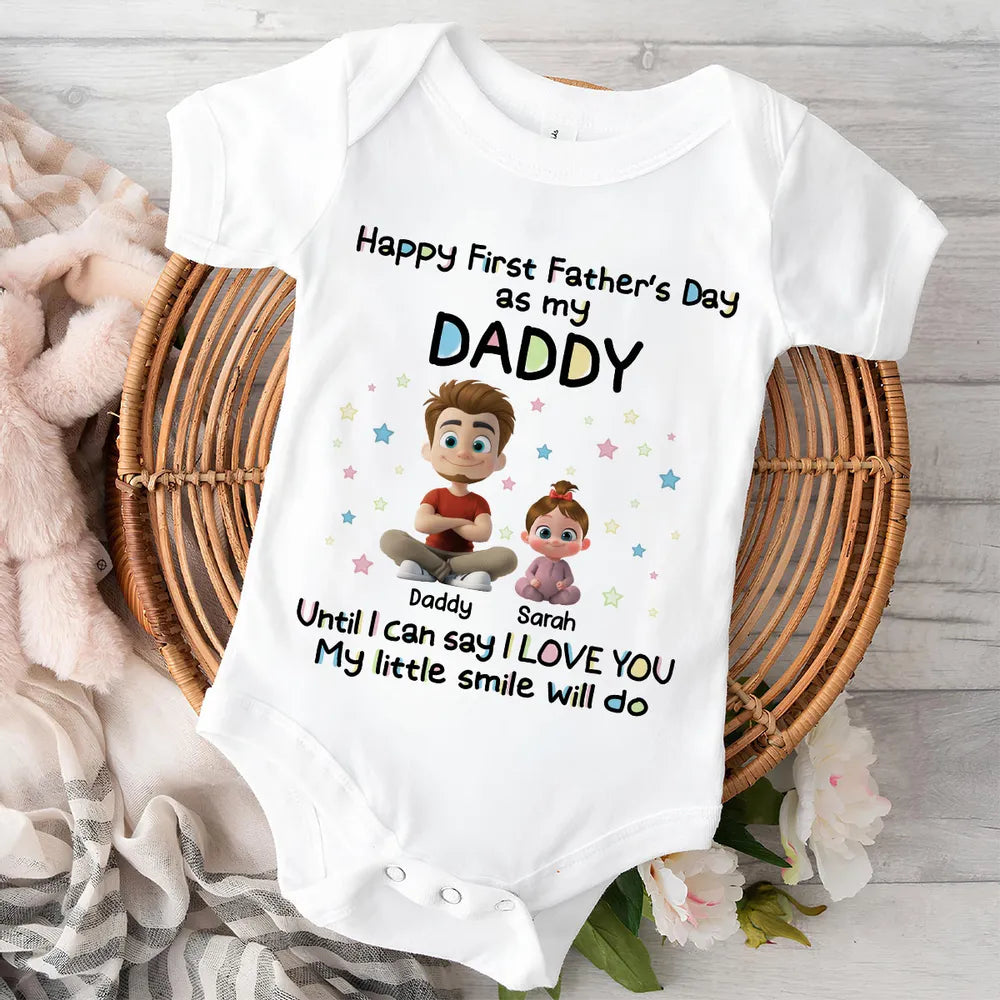 Personalized Short Sleeve Baby Onesie with Sitting Dad & Baby, First Father's Day Unique Gift