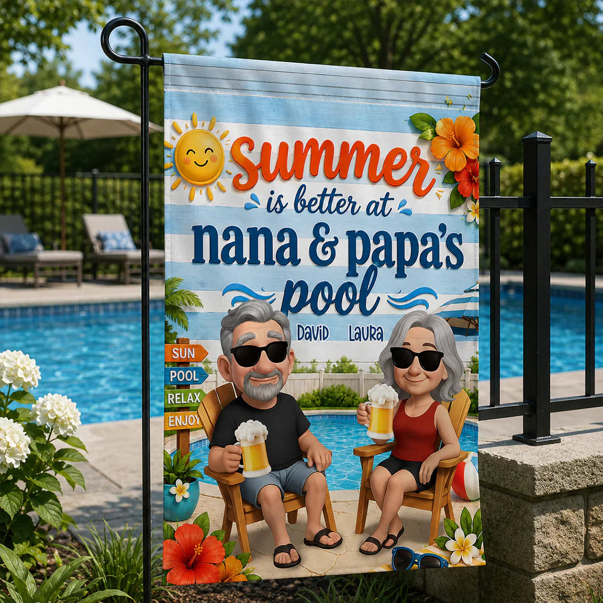 Personalized Garden Flag with Poolside Cartoon Grandparents, Unique Summer Gift for Nana & Papa