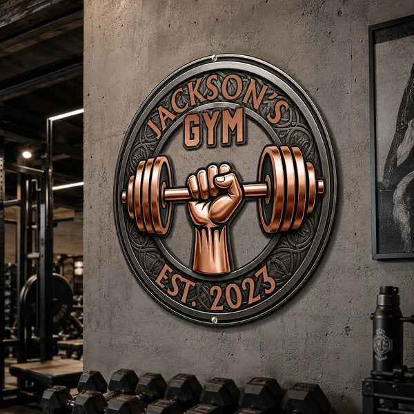 Custom Shaped Metal Sign with Fist Gripping Barbell, Strength Wall Art, Creative Gift for Gym Lovers
