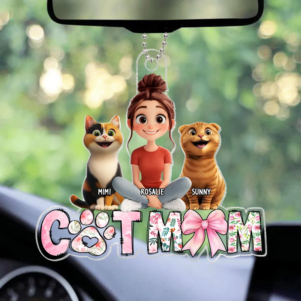 Cute Cartoon Cat Mom Acrylic Car Hanger, Personalized Rearview Mirror Decor for Cat Lovers, Unique Gift