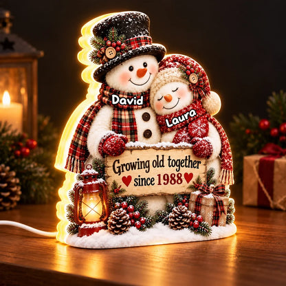 Growing Old Together Acrylic Light Box, Personalized Hugging Snowman Couple with Warm Glow, Creative Gift for Husband or Wife