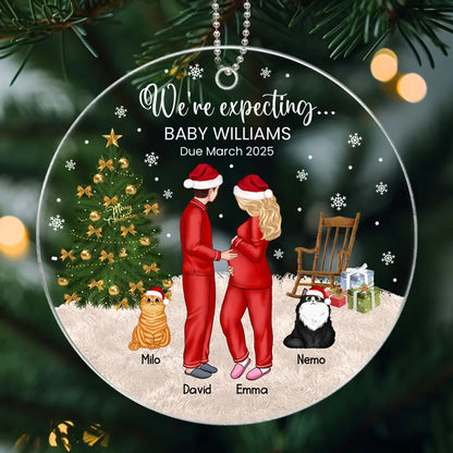 Acrylic Ornament, Expecting Couple by Christmas Tree, Cute Illustration, Unique Gift for Mom-to-Be & New Parents