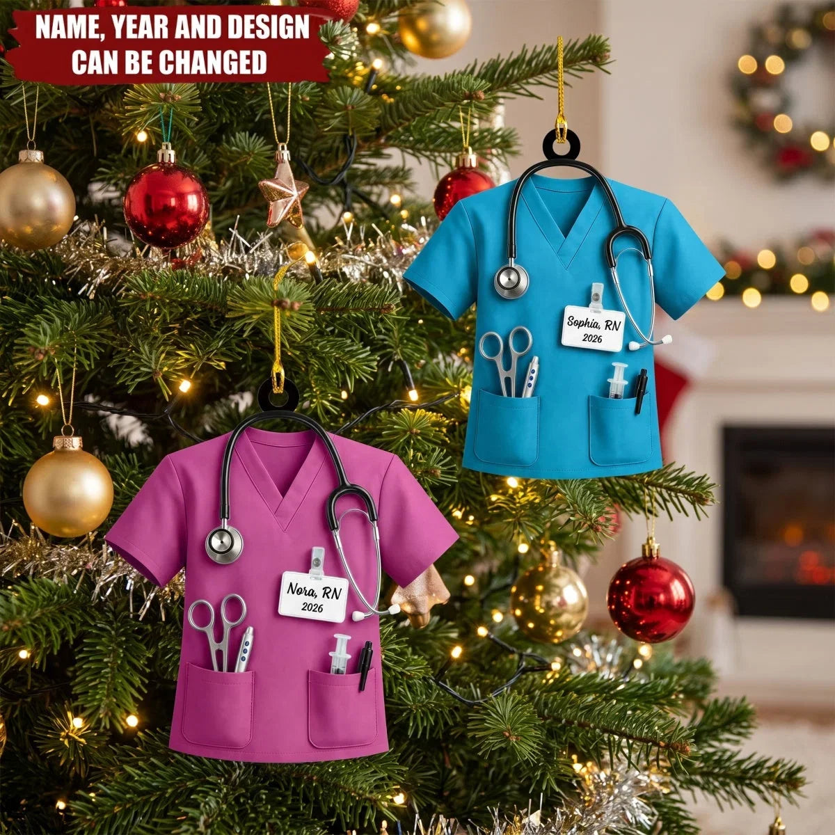 Personalized Acrylic Ornament, Teal Nurse Scrubs on a Christmas Tree, Unique Gift for Nurse