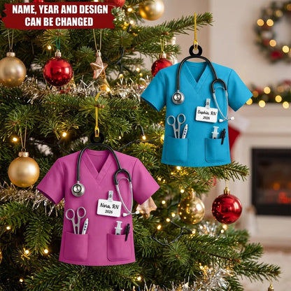 Personalized Acrylic Ornament, Teal Nurse Scrubs on a Christmas Tree, Unique Gift for Nurse