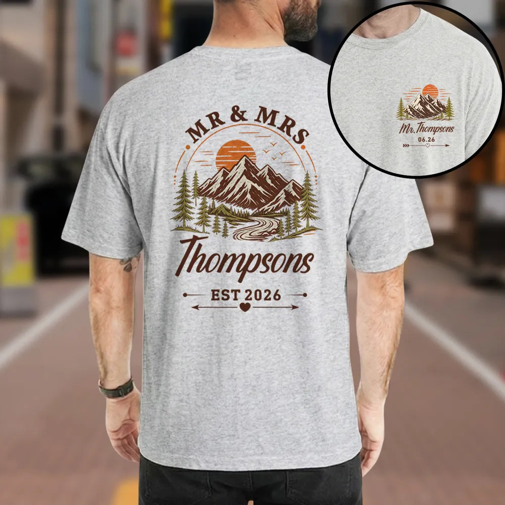 Personalized Dual Print Classic Tee, Mountain Sunset Couple Design, Unique Wedding Gift for Outdoor Lovers