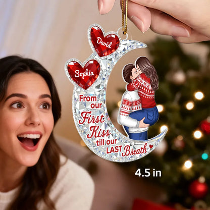 Custom Acrylic Ornament with Crescent Moon and Embracing Couple, Heartfelt From Our First Kiss Quote, Special Anniversary or Holiday Gift