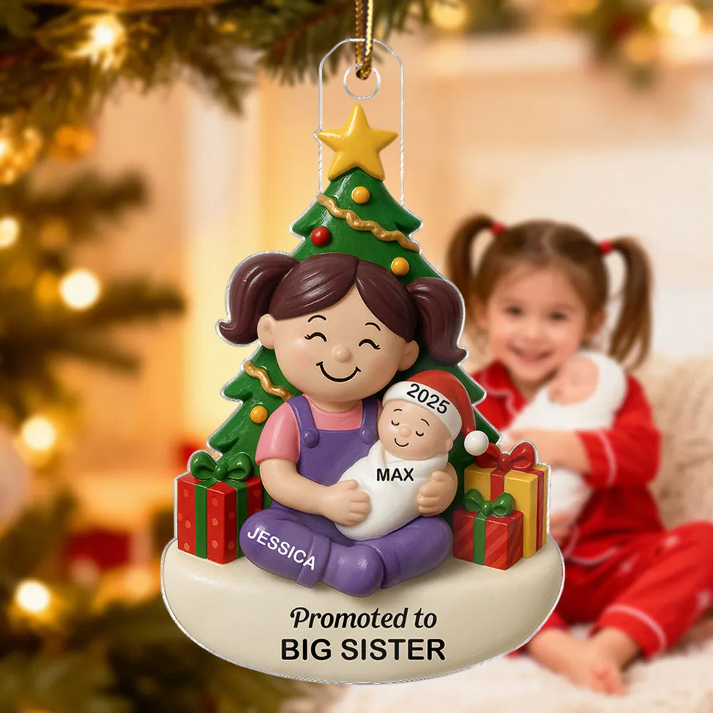 Personalized Acrylic Ornament, Big Sister or Big Brother Holding a New Baby by a Christmas Tree, Unique Sibling Gift