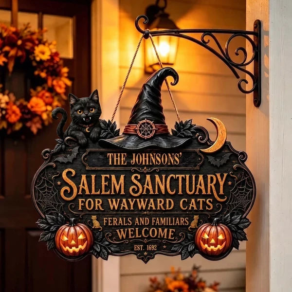 Personalized Wooden Sign with Vampire Cat, Witch Hat & Glowing Pumpkins, Unique Halloween Gift for Cat Lovers