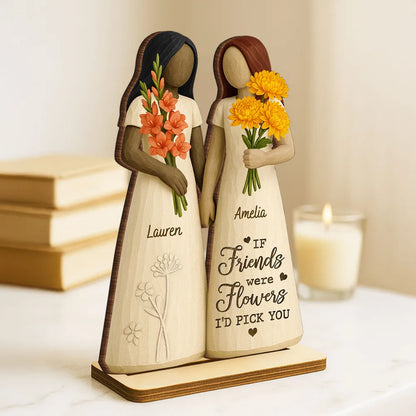 2-Layer Wooden Plaque for Best Friends – Hand-in-Hand figurine with flowers, cozy mantel décor and heartwarming keepsake, perfect gift to celebrate lifelong friendship